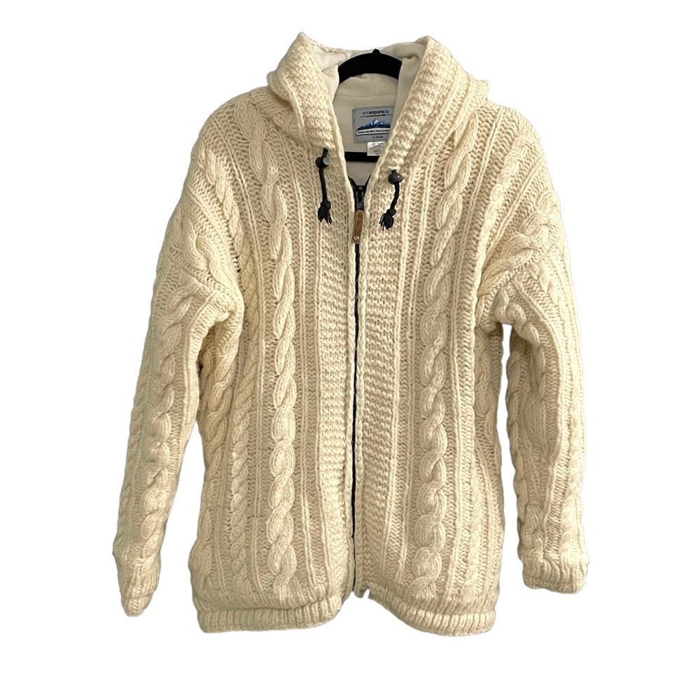 ARK IMPORTS Nepal Cable Knit Wool Zip Front Fleece Lined Cardigan Jacket Cream M